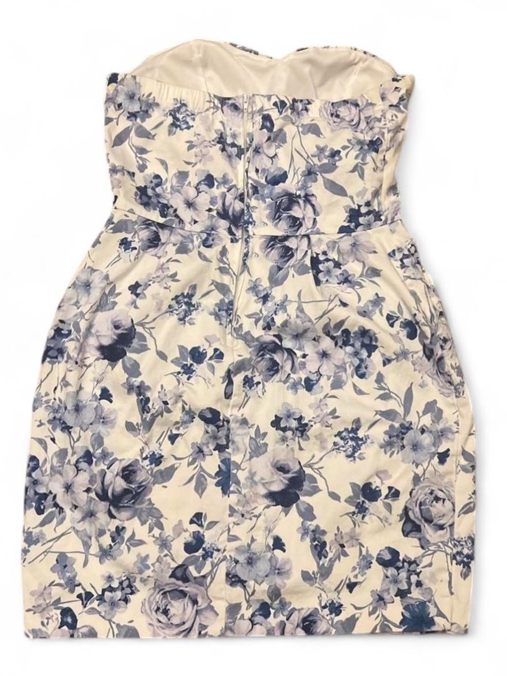 Mystic Strapless White and Blue Floral Bodycon Dress Women’s Size S Built in Bra - Picture 2 of 8